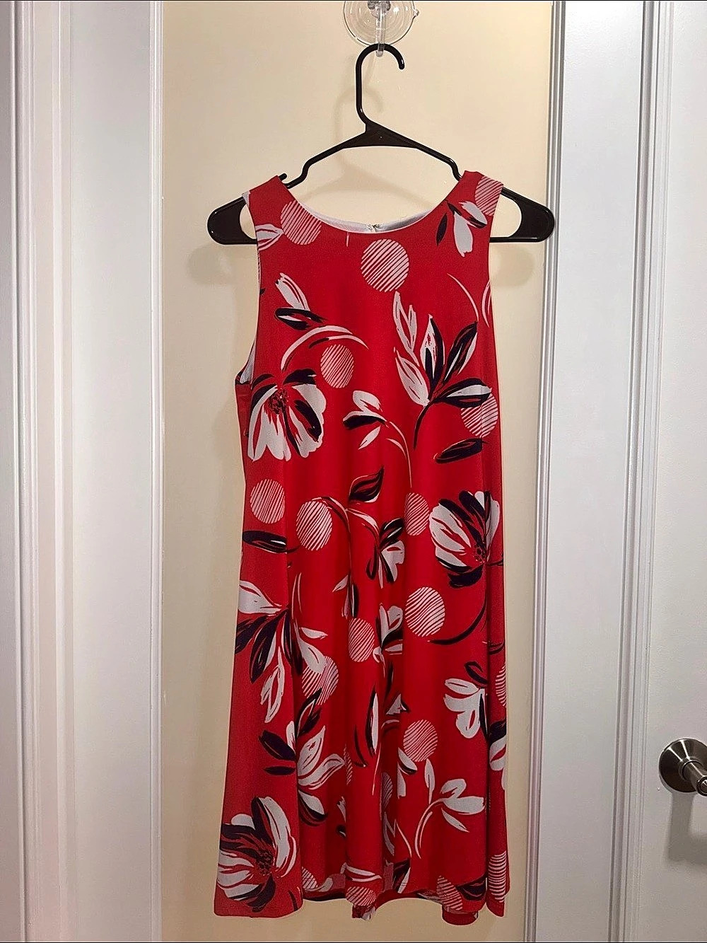 Coral Red Dress with Navy & Ivory Flowers (Size 6)